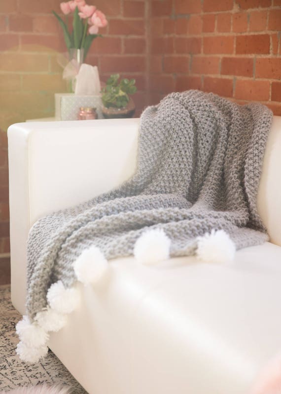 Knit throw blanket with Pom Poms 3x5 feet