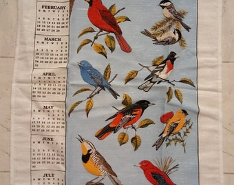 Vintage 1996 Stevens tea towel New Blue Birds Cardinal Bluebird Gold Finch