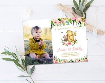 Classic Winnie the Pooh Birthday Invitation, Winnie the Pooh Birthday Invitation, Floral Girl Winnie the Pooh Birthday Invitation Party