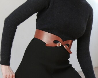 Wide Tan Leather Belt, Double Buckle Belt - the Roxy