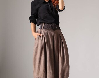 Plus size skirt, brown linen skirt, midi skirt, bubble skirt, womens skirts, pleated skirt, summer skirt, pockets skirt, gift for her (1032)