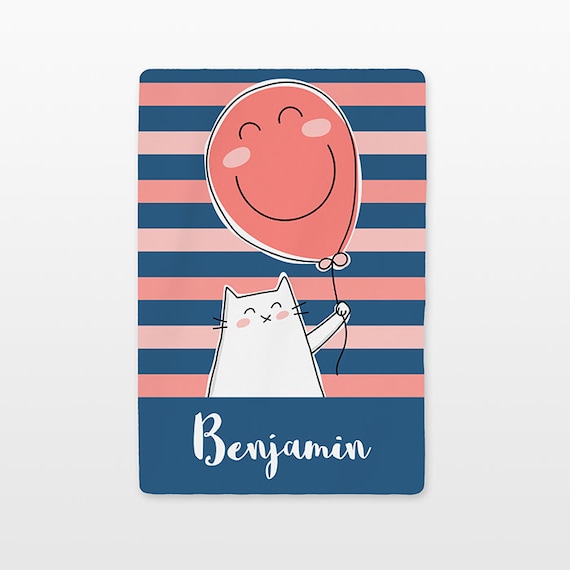 Cat Balloon Personalized Baby Blanket Name Custom Gender Neutral Baby Boy Baby Girl Minky Fleece New Baby Gift Idea Cute Coral Navy Nursery