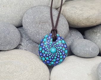 Painted Necklace - Paint Rock - Mandala Rock - Blue Dot Jewelry - Mandala Art - Hand-Painted Pendant Stone - Chakra