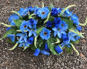 Large Cemetery Saddle Arrangement / Monument Flowers / Blue Flower Arrangement / Headstone Flowers / Grave Flowers