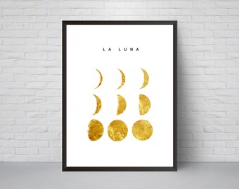 Moon Phases Gold Print, La Luna in Golden Wall art, Printable art, Moon Space art, Modern House Decor, Minimalist, Instant download Poster