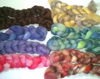 Merino Handdyed Mini Braid Comb Top Fiber Roving Surprise Spinning Fiber - 6 Braid - 1 oz each