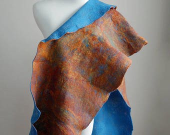 Hand felted bright blue and orange, brown scarf, merino wool