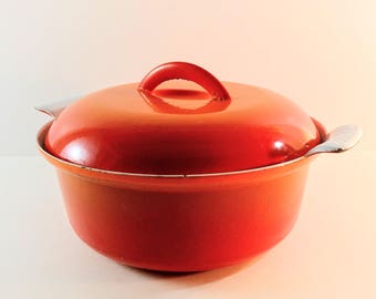 Vintage Descoware Flame Orange Enameled Cast Iron Covered Dutch Oven. Made in Belgium. Retro, 1950's Casserole Dish.