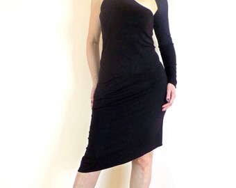 Black One Shoulder Asymmetric Midi Dress - Party Dress - Dress from Black Jersey, No.006