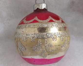 Vintage Shiny Brite Christmas ornament, mercury glass ornament, stencil ornament, striped ornament, pink gold and silver glitter