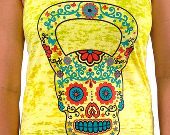 SoRock Women's Kettlebell Skull Hand Dyed Yellow Burnout Tank