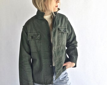 Vintage Olive Green Herringbone Twill Army Jacket | HBT Green Cotton Button Up Shirt | OG Green Cotton Shirt | Military Shirt Small