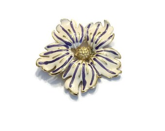 Vintage Enamel Flower Brooch, White, Purple and Gold Flower Brooch, Costume Jewelry