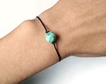 Turquoise Beaded Bracelet - Leather Turquoise Bracelet, Hemp Bracelet, Boho Leather Bracelet, Black Leather Bracelet, Minimalist Bracelet