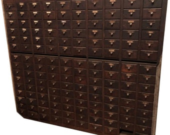 Midcentury File Card Catalog Cabinet of Oak Used in Library, 150 Drawers with Brass Pulls