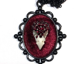Gothic Blood Red Hand-Beaded Small Bird Skull on Velvet in Black Pendant Necklace