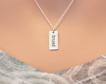 Sterling Silver Trust Charm Necklace - Choose Your Font, Trust Necklace, Trust Pendant Necklace, Trust Charm Necklace, Trust Word Necklace