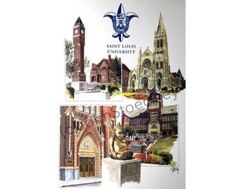 Saint Louis University Campus LIMITED EDITION Pen and Ink and Watercolor Art Print Illustration by John Stoeckley