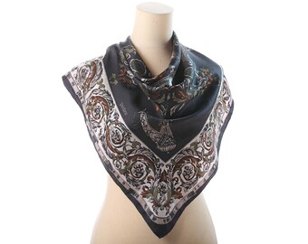 DESIGNER SILK Scarf 90s Abstract Printed Twill Silk Shawl Faded Black Green Grey Handrolled Royal Boho Vintage Luxury Scarf Women Gift