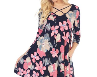 Style By Chris Criss Cross Navy/Mauve Print Swing Dress with Pockets and 3/4 Sleeves