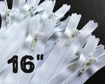 16 Inch white YKK zippers, Ten pcs, YKK color 501, long zippers in bulk, dress, all purpose YKK zippers