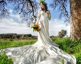 RIVENDELL 1940's Vintage Wedding Gown Stunning Vintage Bridal Attire Candlelight Satin and Lace Dramatic Train Wave Cut Outs Embroidery