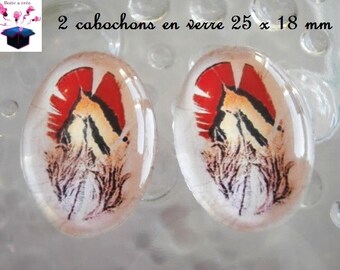 2 cabochons glass 25mm x 18mm theme feather
