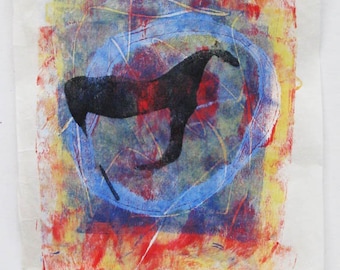 Galloping horse, monoprint on kozuke paper, original art