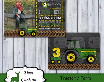 Farm Birthday Photo Invitation | Tractor Chalkboard Photo Birthday Invite | Chalkboard Farm Party | John Deere Birthday Party | Photo Invite