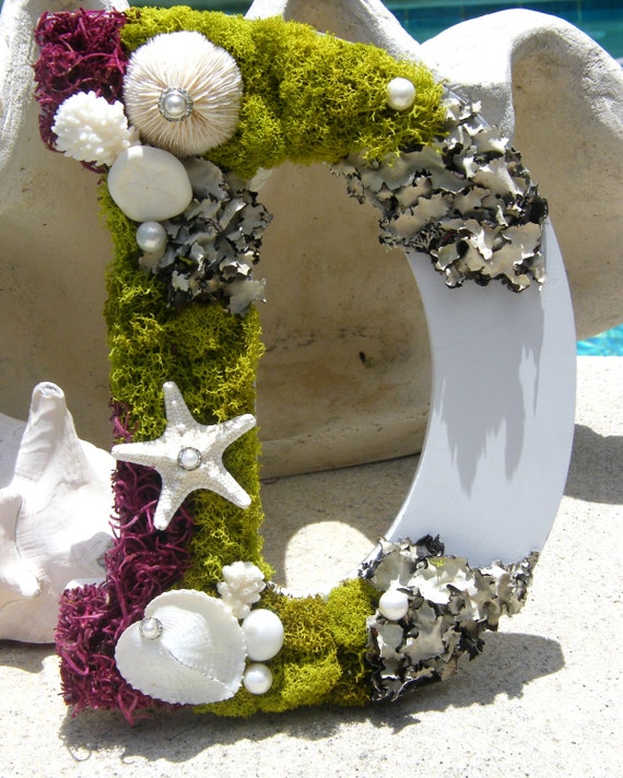 Moss letter with seashells - for weddings, special occasions and your coastal, nautical home decor.