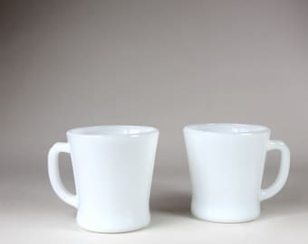 Vintage Fire King White Glass Mugs Set Of Two Mugs Anchor Hocking Fire King Ware Glass Coffee Mugs 1960s