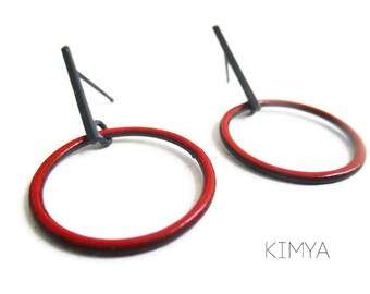 Enameled Earrings - Oxidized Earrings - Silver Post Earrings - Circle Earrings - Red Earrings - Minimalist Earrings - Contemporary Jewelry