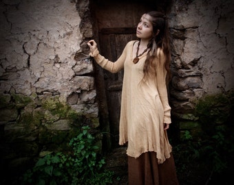 Knitted Silk Antique peach Bohemian Dress Natural Earthy Fair Trade