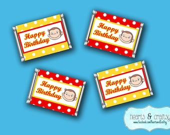 Curious George Mini Candy Bar Wrappers / Curious Monkey Mini Chocolate Bar Wraps - FILE to PRINT DIY