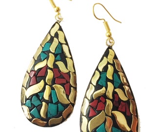 Turquoise coral Earrings, Nepal Mosaic chandelier earrings,red blue Gold,Antique Earrings,Tibetan jewelry,Afghan Jewelry by Taneesi YEC128TC