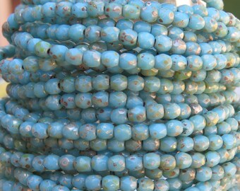 3mm Faceted Opaque Light Blue Turquoise Silver Picasso Firepolish Czech Glass Beads - Qty 100 (BS190)