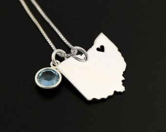 Choose your state and birthstone Personalized State Necklace With Heart & Birthstone Swarovski birthday and long distance relationship gift