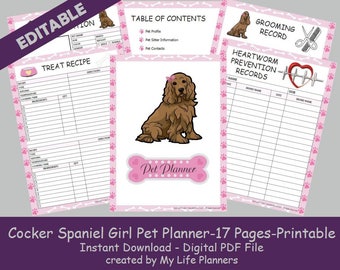 Cocker Spaniel Girl Pet Planner, Pet Care Records, Pet Information, Pet Kit, Printable, Pet Binder, Happy Planner Insert, Editable, PDF File