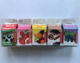 Scented Erasers Mini Milk Cartons Set of 5 - Square Eraser attaches on top of pencil - Stocking Stuffer - Christmas Gift