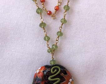 Lampwork Floral Pendant Necklace with Carnelian and Peridot