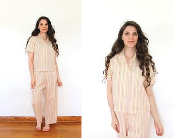 1950s Pajamas / 50s Pajamas / 1950s 1960s Striped Cotton Pajama Pants and Top Lounging Set