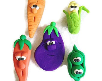 Clay Vegetable Character Fridge Magnet Set, Veg Magnets, Fridge Magnets, Polymer Clay, Vegan Magnets, Vegan Friendly Gift, Miniature Food