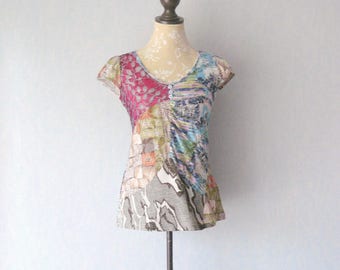 T-shirt short sleeve Patchwork recycled clothing, women size 40 / M
