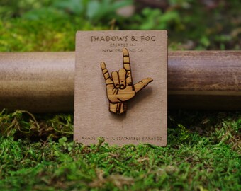 i love you laser cut bamboo hat pin