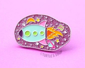 Rocket Ship, Soft Enamel Pin, 90s Lapel Pin, Vaporwave, Galaxy Pins, Crystal Glitter, Stars, Planets, Pink, Blue, Spaceship, Space, Science