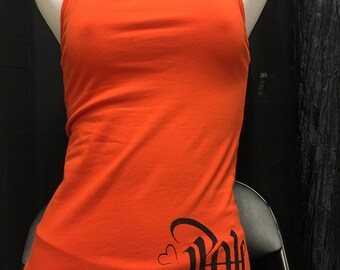 S - Orange Pole Anagram Thin Spaghetti Strap Tank Top (Great for pole/yoga/fitness/workout/dance/casual/aerial arts)