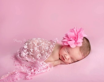 Pink lace Wrap and Headband, Wrap Set, Fringe Lace Wrap, Baby Headband, Newborn Photo Prop, Baby Girl Prop