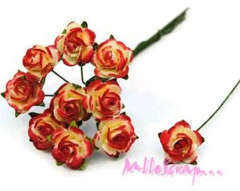 Set of 10 small red paper roses with stud embellishment scrap card 1