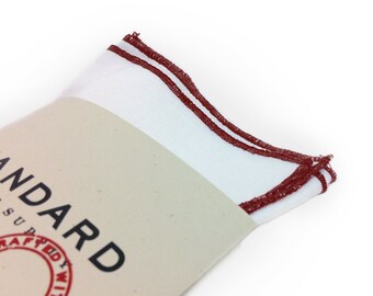 White Pocket Square serged with Burgundy trim.