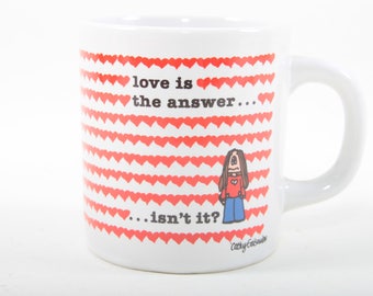 Love is the Answer Isn't it, Cathy, Mug, Vintage, White, Ceramic, Coffee, Tea, Drinking Cup, Red, Hearts, Valentine ~ The Pink Room ~ 161012